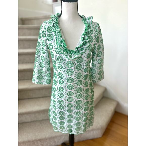 Vintage Milly New York Kelly Green & White Eyelet Floral Ruffle Neck Shift Dress - Picture 1 of 9